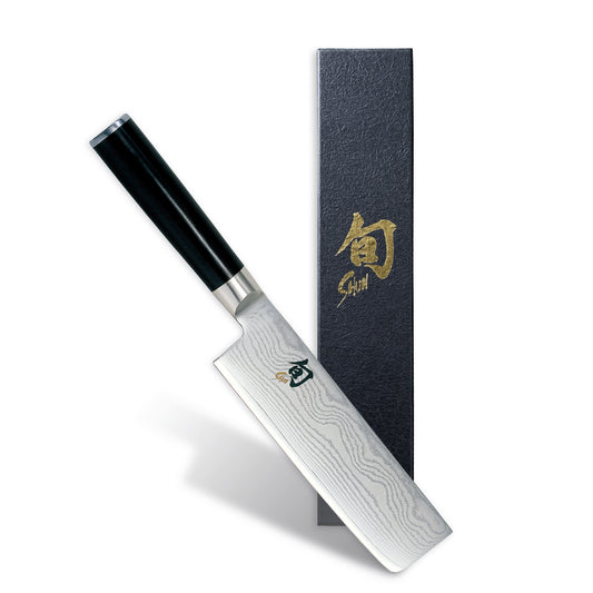 Japanese knife with a black handle and silver blade, displayed next to its sheath on a white background.