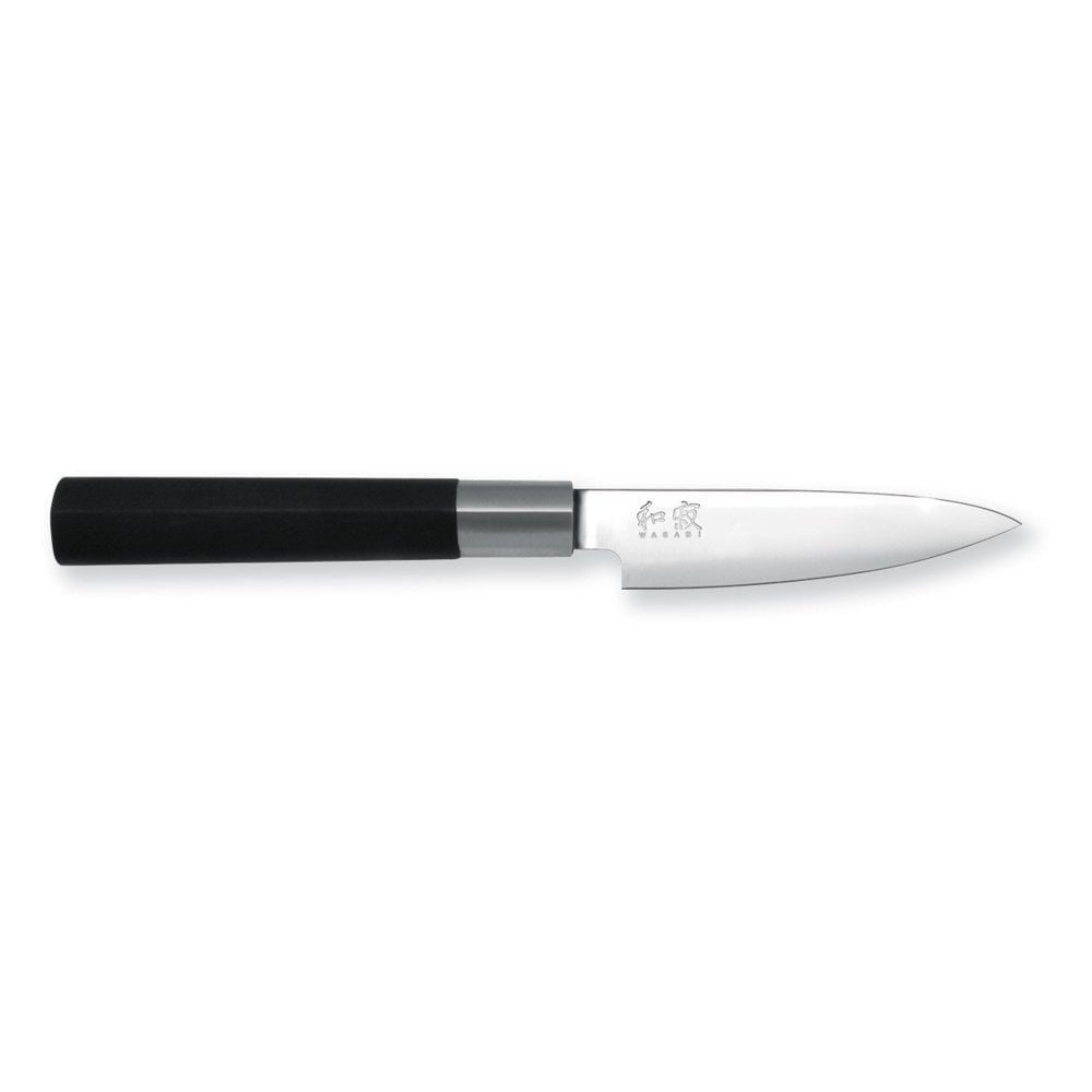 Knife with a black handle and silver blade on a white background