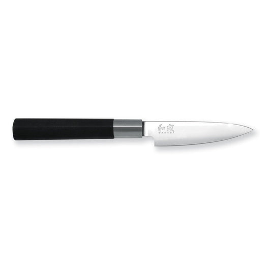 Knife with a black handle and silver blade on a white background