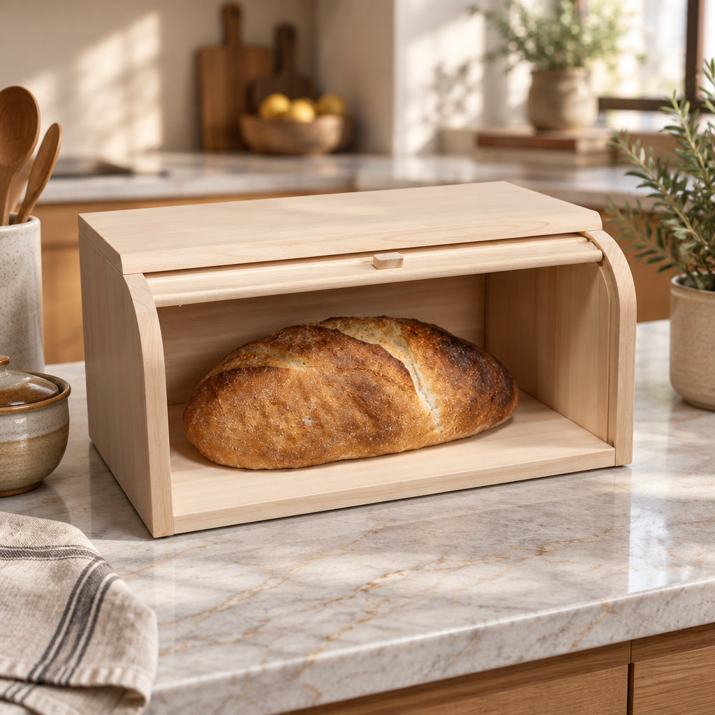 A light natural wood bread box with a curved top and open front, shown on a white background with a loaf of bread inside.