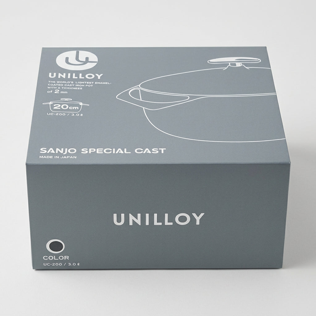 A gray rectangular product box for Unilloy Sanjo Special Cast, featuring white printed text and a line drawing of a pot with lid on the top panel.