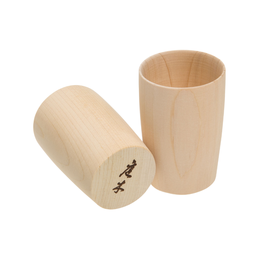 Two wooden sake cups made from Acer japonicum maple wood, displayed side by side.