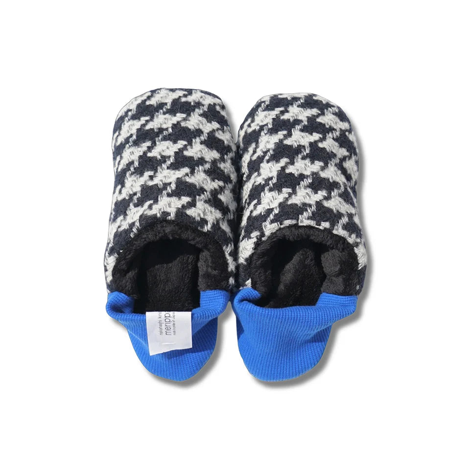 Merippa Houndstooth Check Tweed × Fur Blue Japanese Slippers