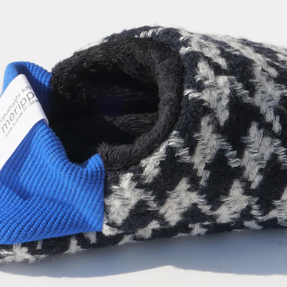 Merippa Houndstooth Check Tweed × Fur Blue Japanese Slippers