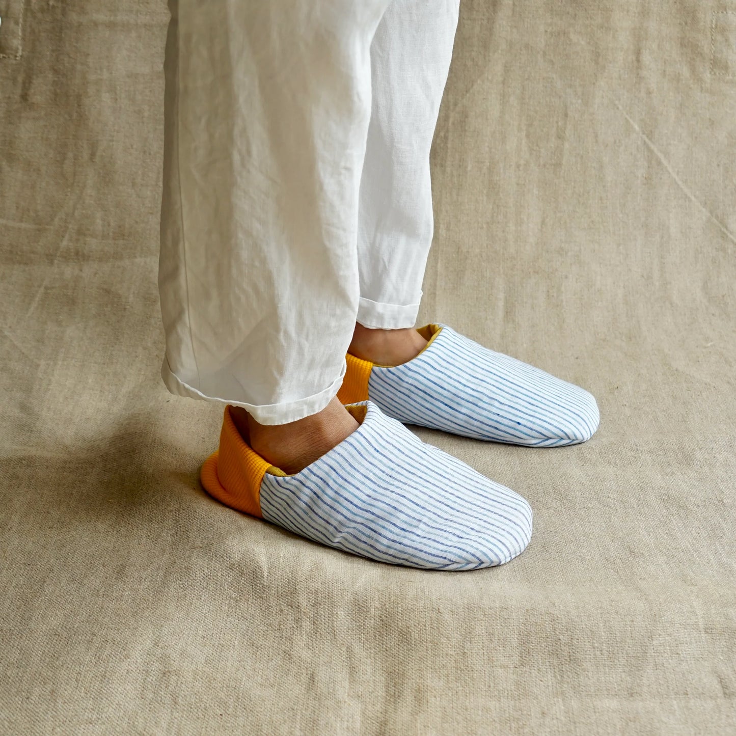 Merippa Linen Blue Stripe x Linen Mustard Canvas Japanese Slippers