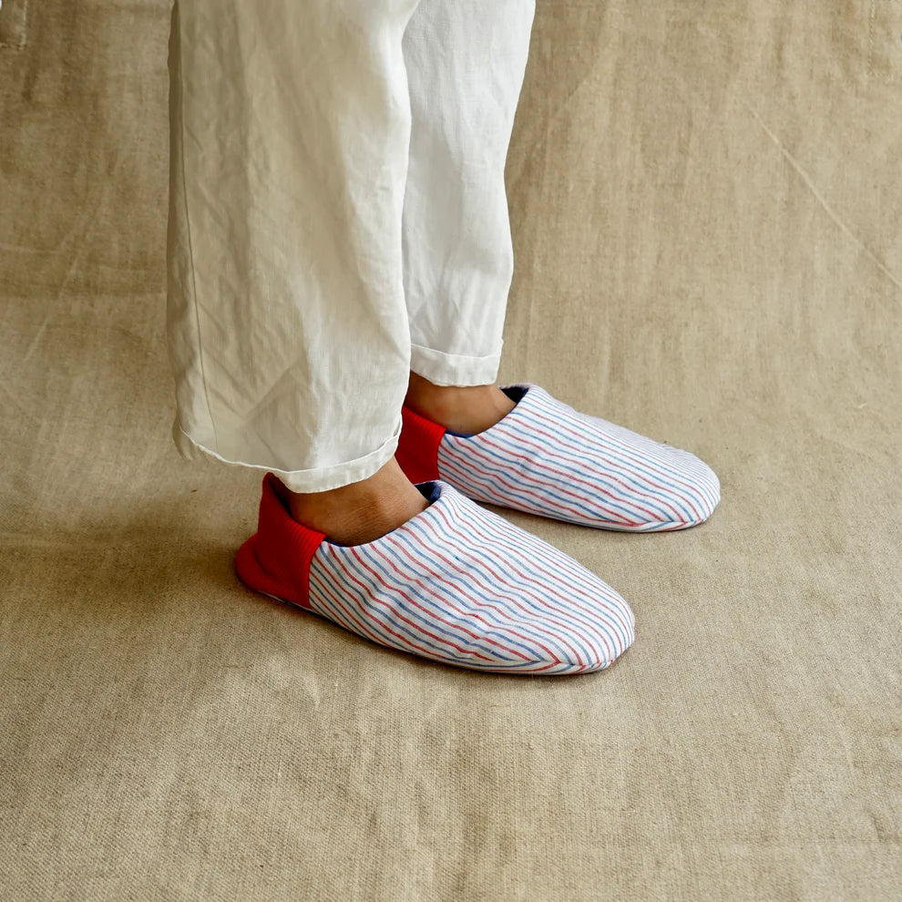 Merippa Linen Red Stripe x Linen Navy Canvas Japanese Slippers