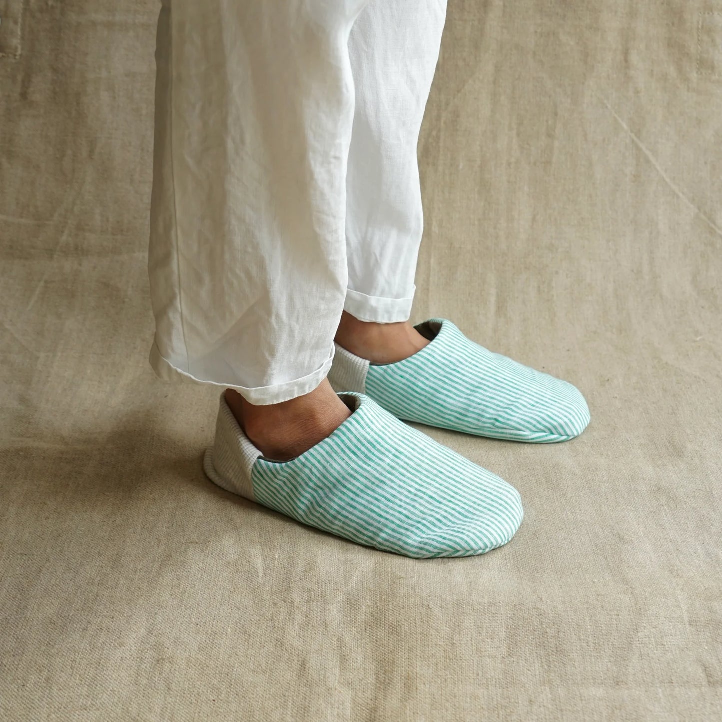 Merippa Linen Mint Stripe x Linen Olive Canvas Japanese Slippers