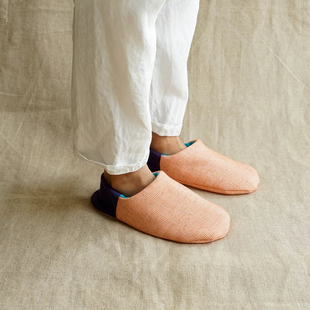 Merippa Mixed Tweed Peach x Soccer Fabric Turquoise Japanese Slippers