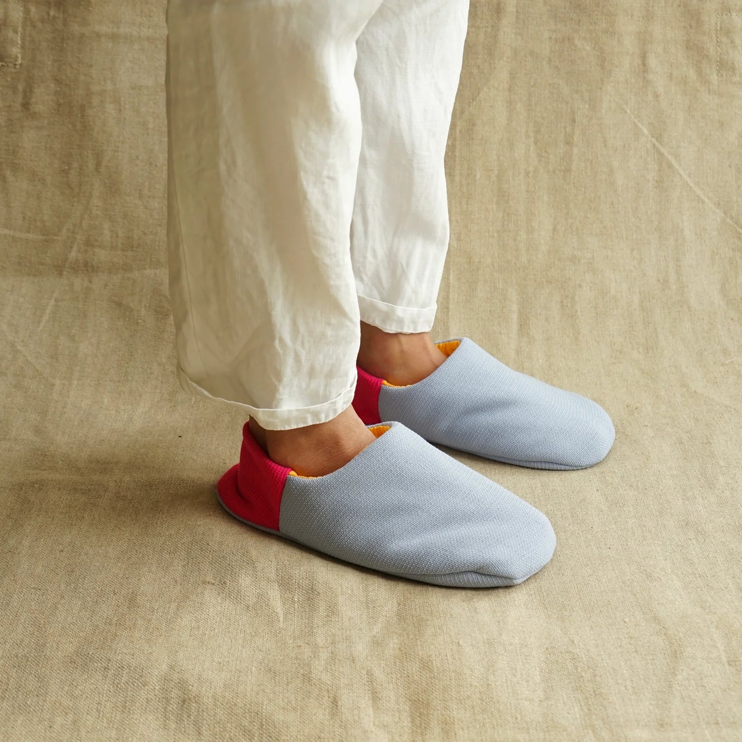 Merippa Mixed Tweed Light Grey x Soccer Fabric Yellow Japanese Slippers
