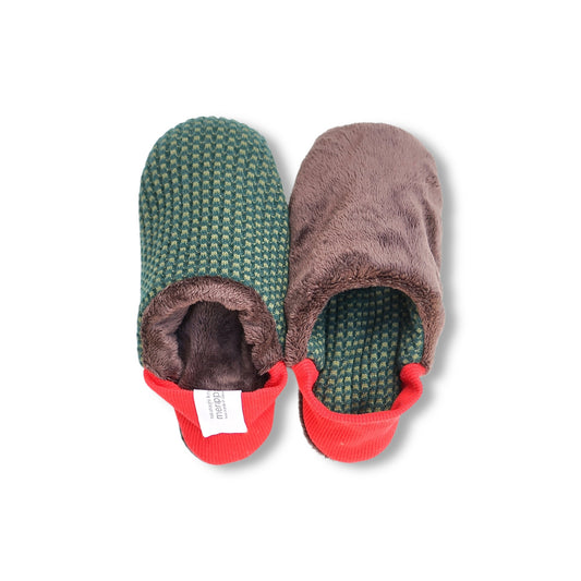 Merippa Moss Waffle Knit x Mocha Micro Boa Japanese Slippers