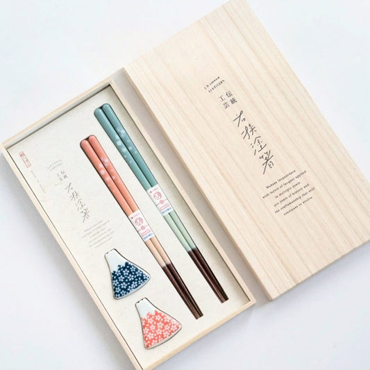 Mt. Fuji & Sakura Couple Chopstick Gift Set with Chopstick Rests