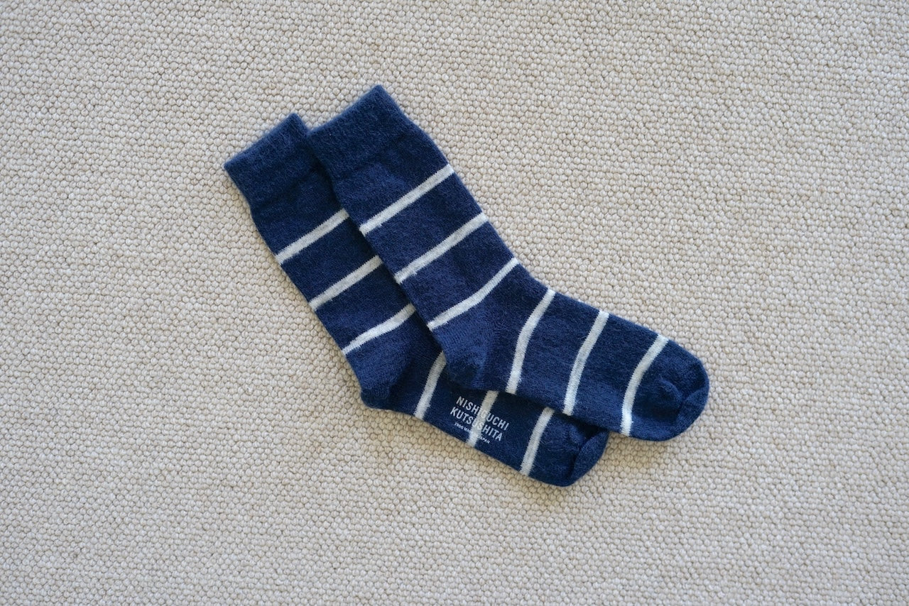 Mohair Wool Border Socks - Navy