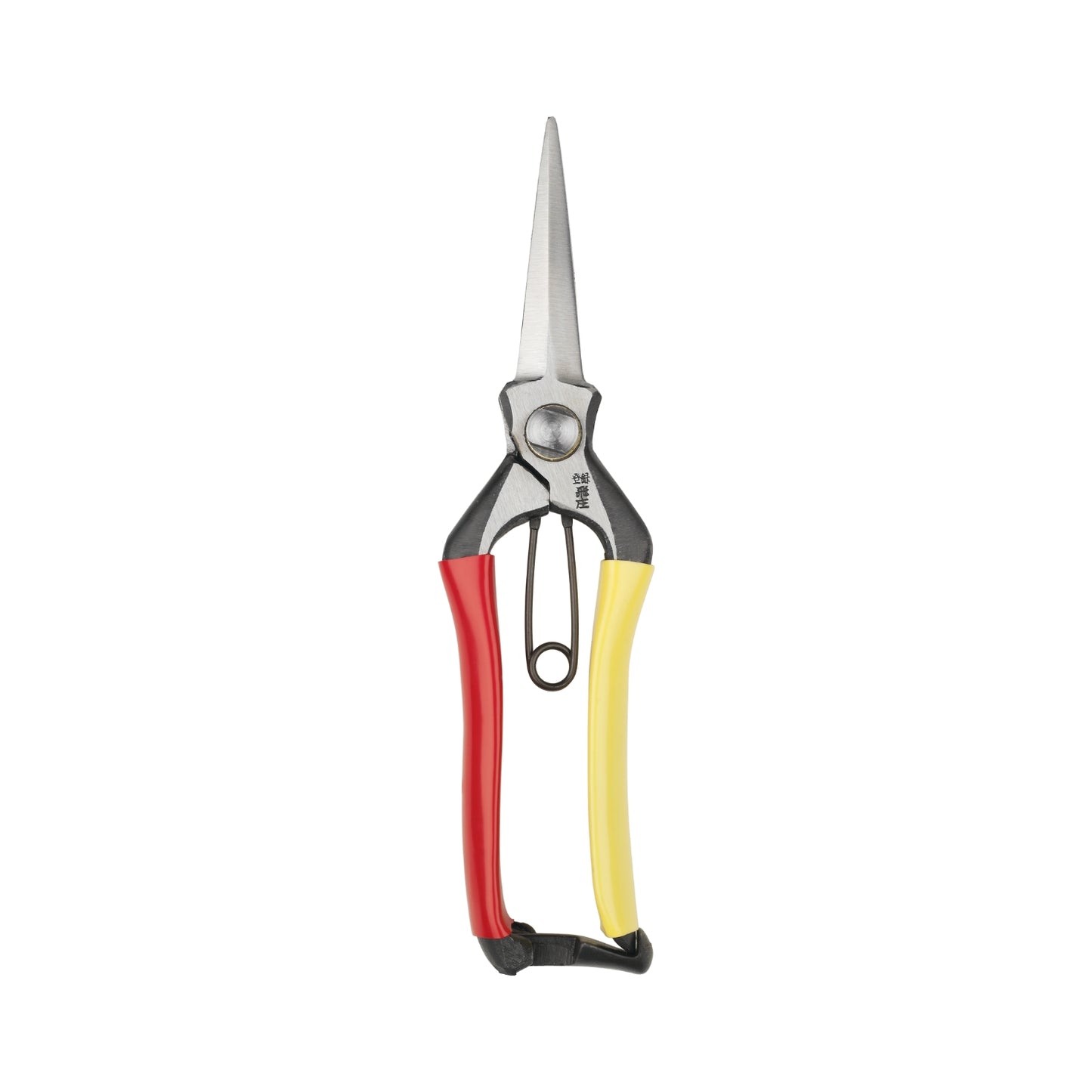 Pruning shears with red and yellow handles on a white background