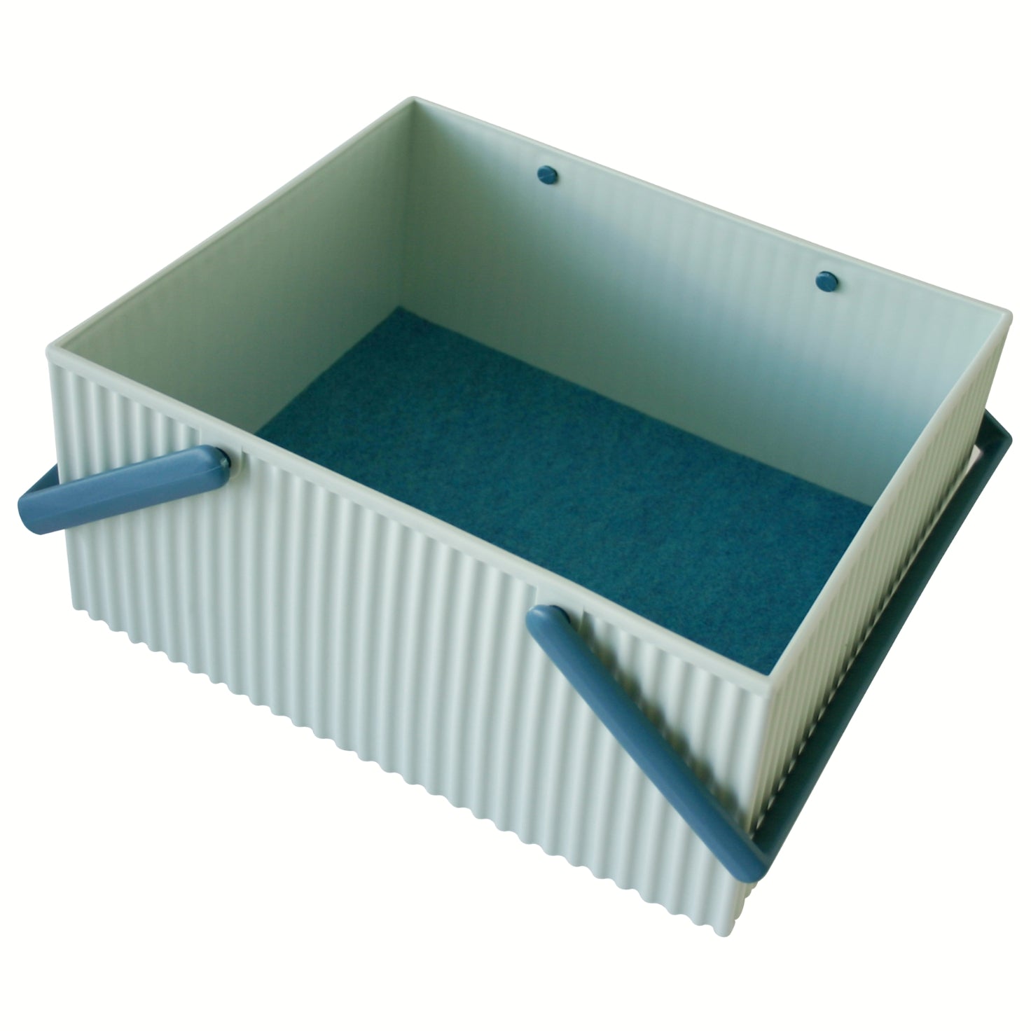 Rectangular plastic bin with blue interior and handles on a white background