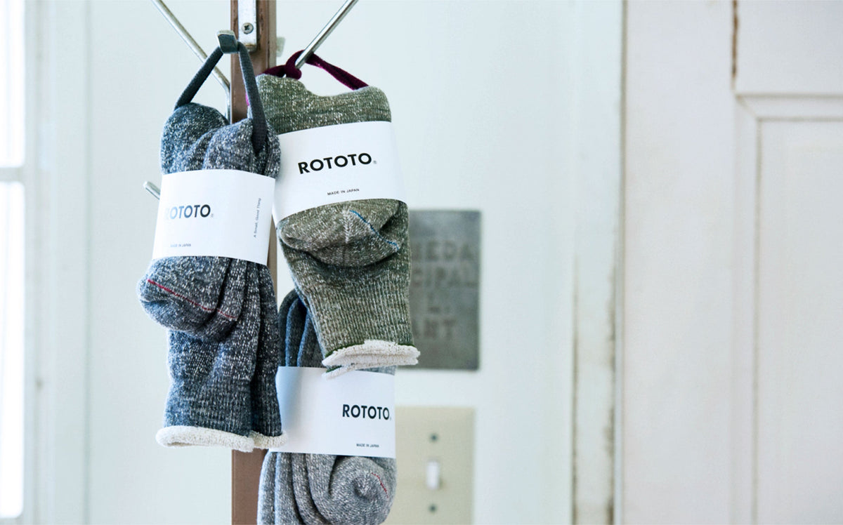 ROTOTO Double Face Wool & Cotton Crew Socks - Dark Red / Brown
