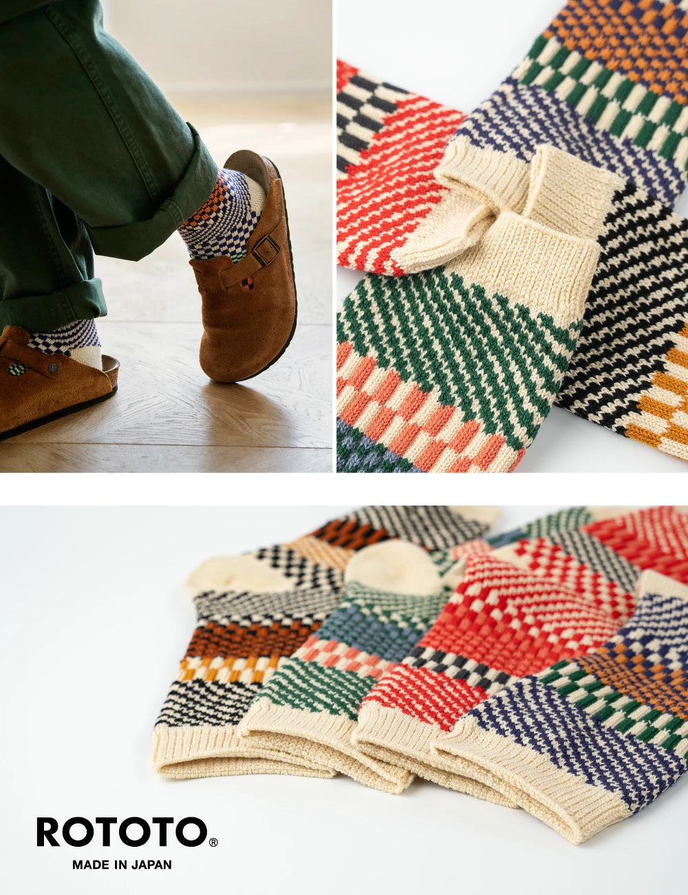 ROTOTO Check & Step Crew Socks - Black