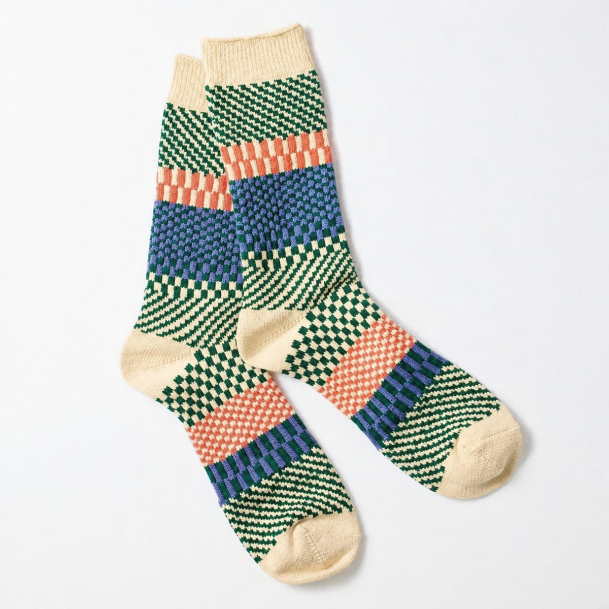 ROTOTO Check & Step Crew Socks - Green