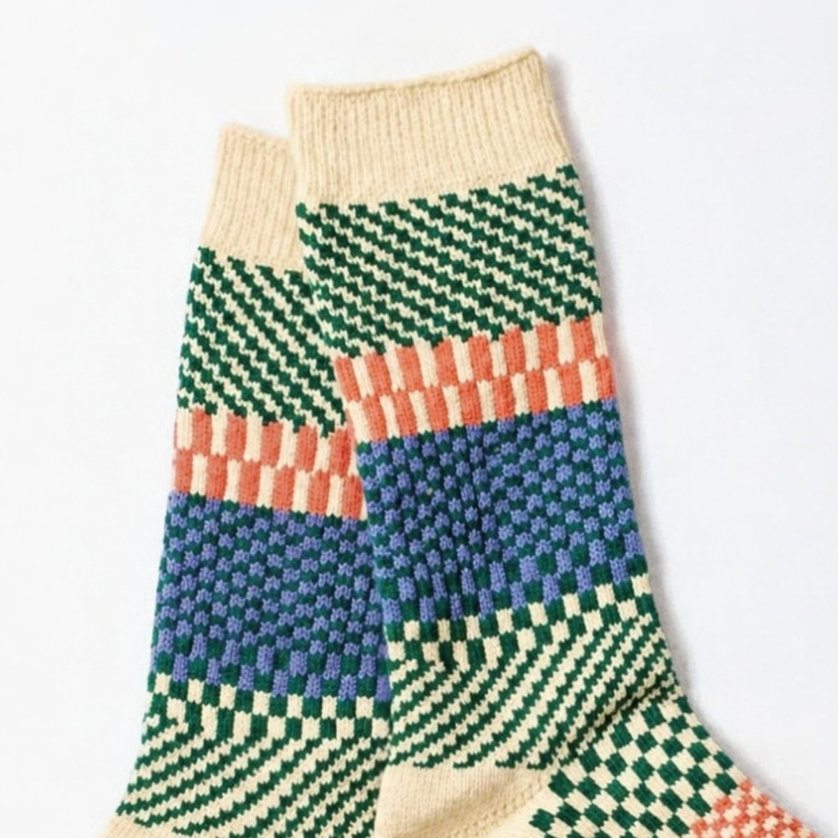 ROTOTO Check & Step Crew Socks - Green
