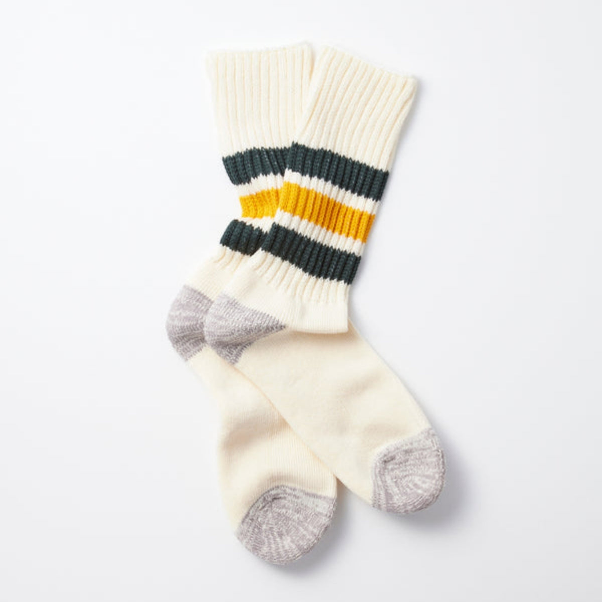 ROTOTO Coarse Rib Old School Crew Socks - Dark Green / Yellow