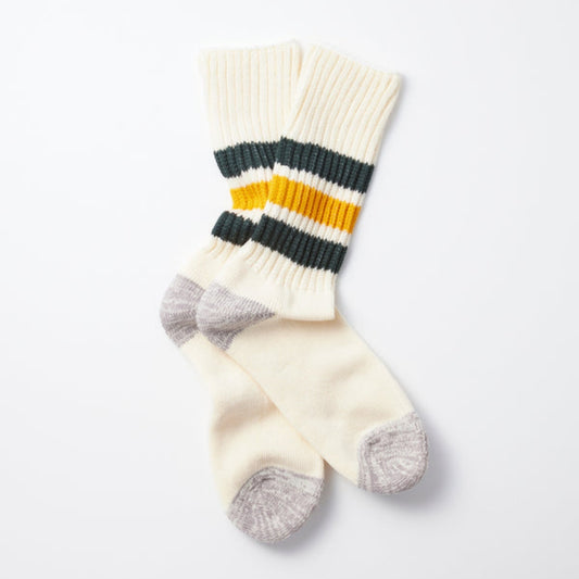 ROTOTO Coarse Rib Old School Crew Socks - Dark Green / Yellow