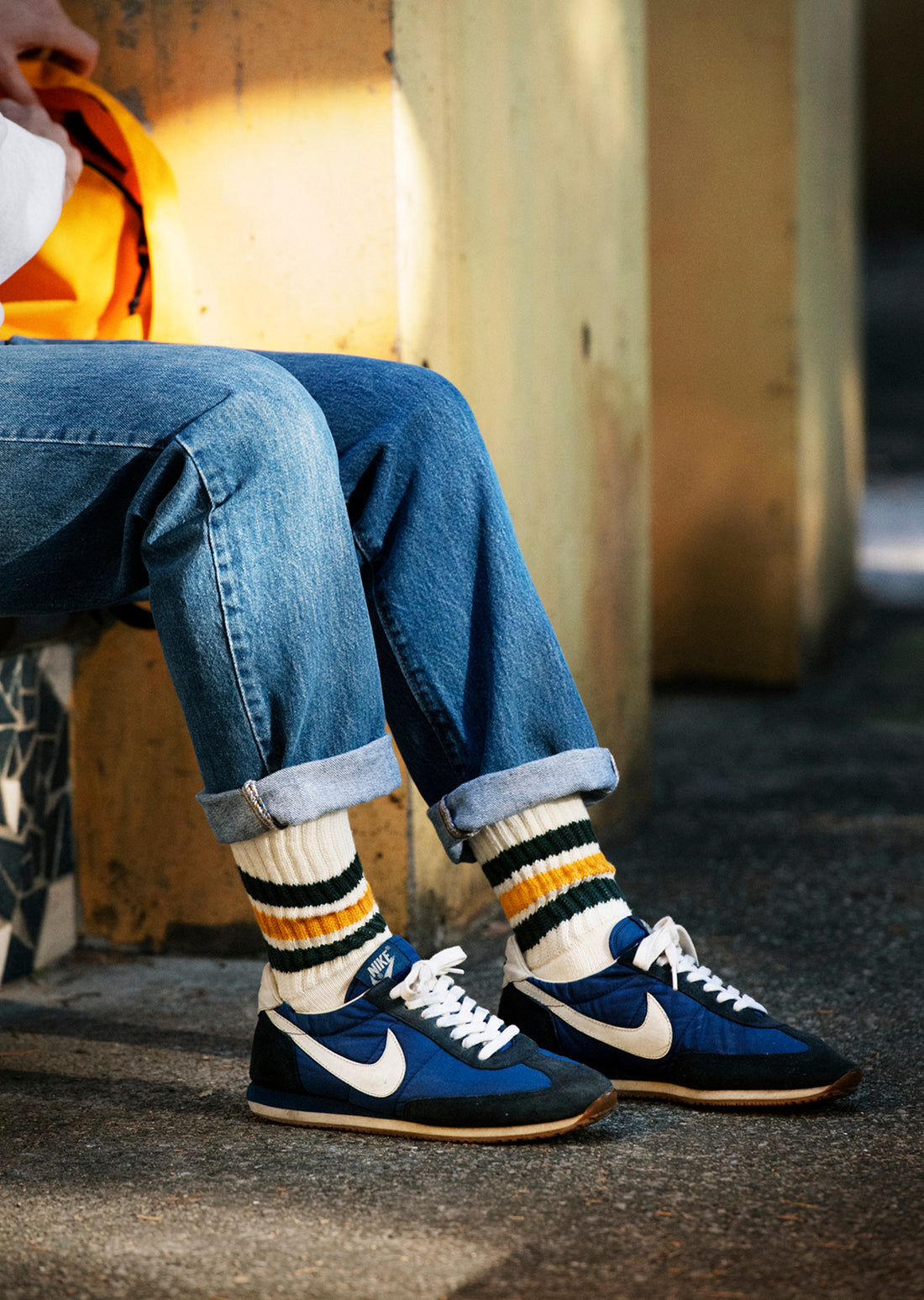ROTOTO Coarse Rib Old School Crew Socks - Dark Green / Yellow
