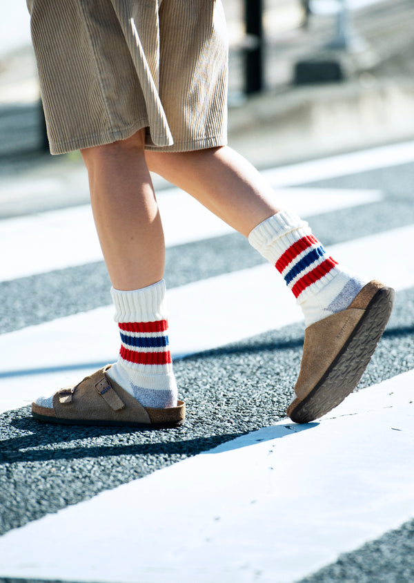 ROTOTO Coarse Rib Old School Crew Socks - Red / Blue