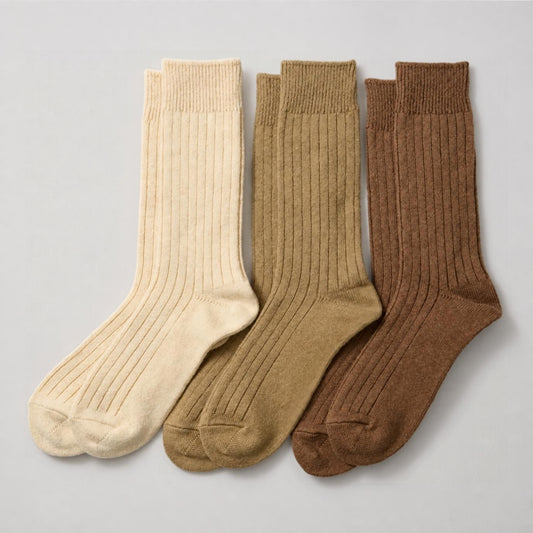 ROTOTO Cotton Wool Ribbed Crew 3 Pack Socks - Beige Tones