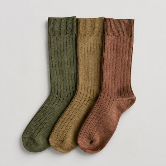ROTOTO Cotton Wool Ribbed Crew 3 Pack Socks - Olive Tones