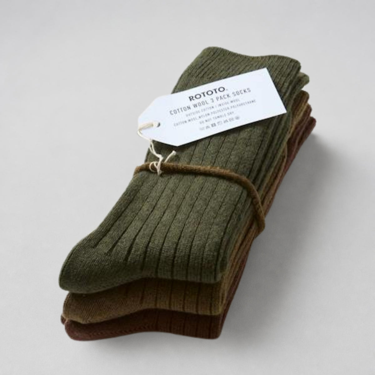 ROTOTO Cotton Wool Ribbed Crew 3 Pack Socks - Olive Tones