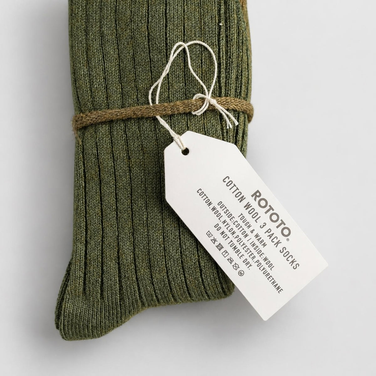 ROTOTO Cotton Wool Ribbed Crew 3 Pack Socks - Olive Tones