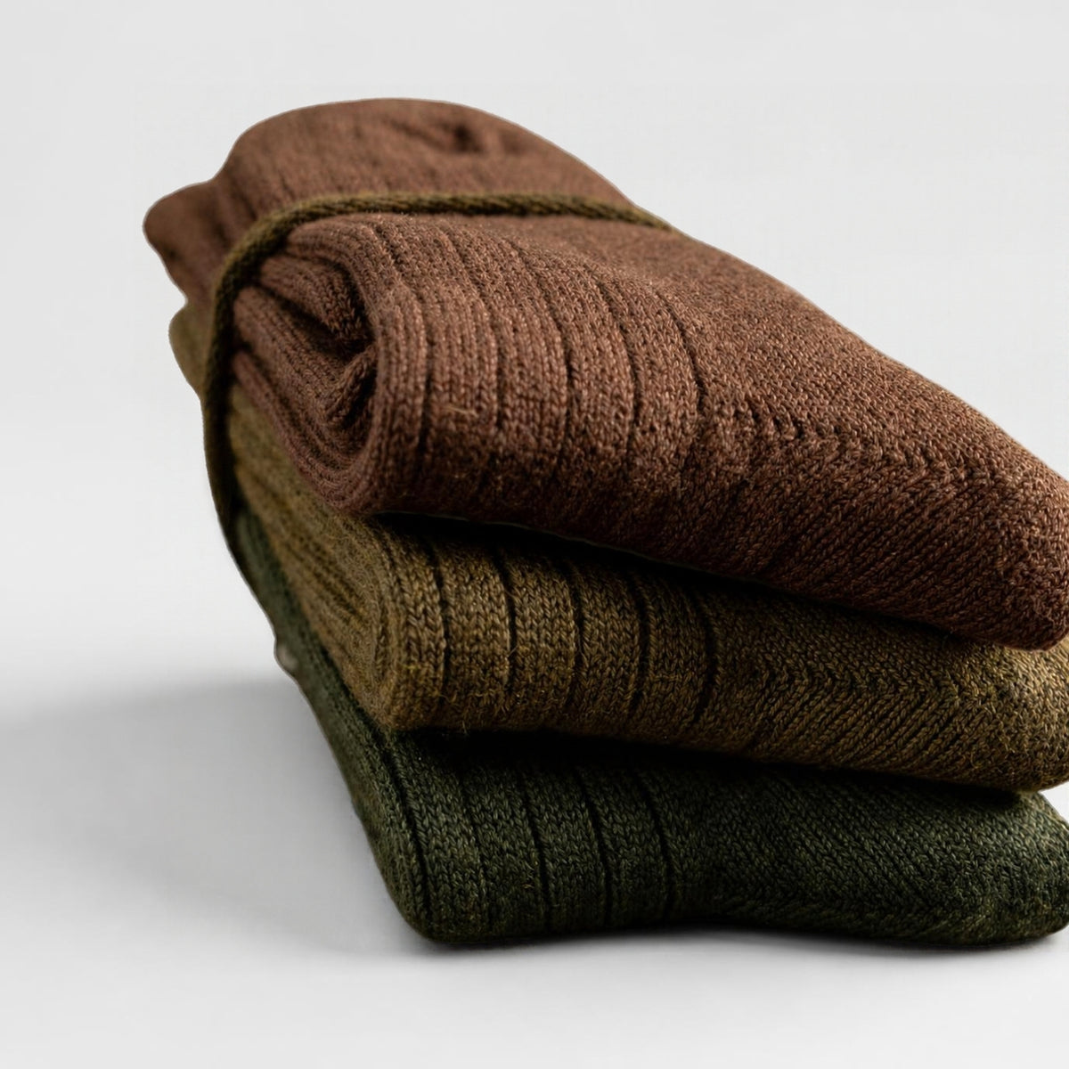 ROTOTO Cotton Wool Ribbed Crew 3 Pack Socks - Olive Tones