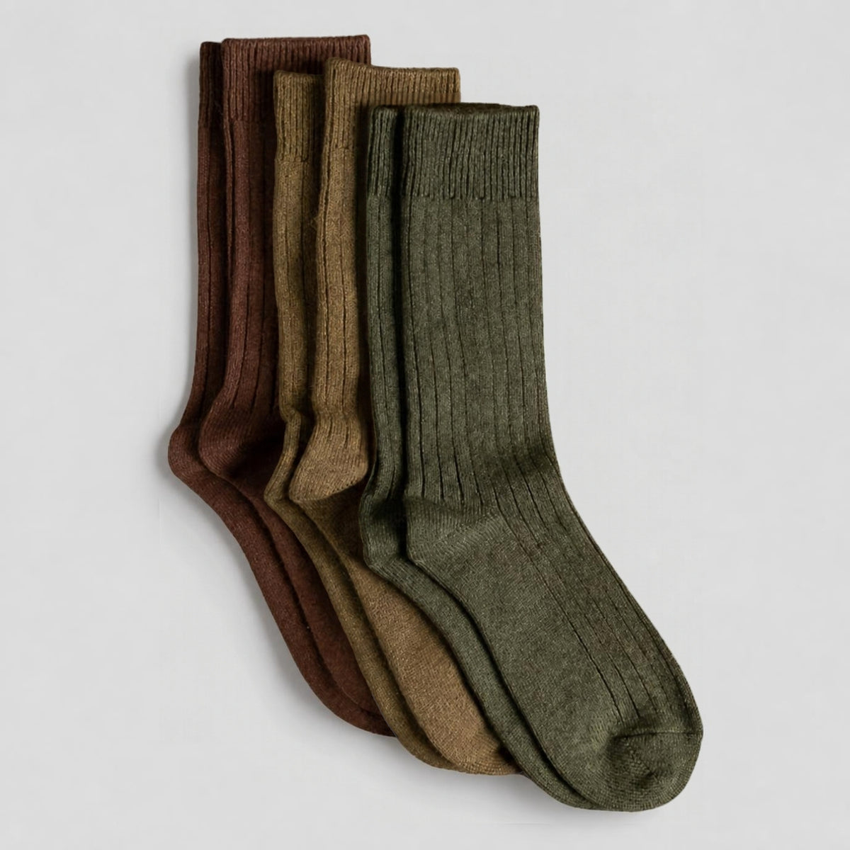 ROTOTO Cotton Wool Ribbed Crew 3 Pack Socks - Olive Tones