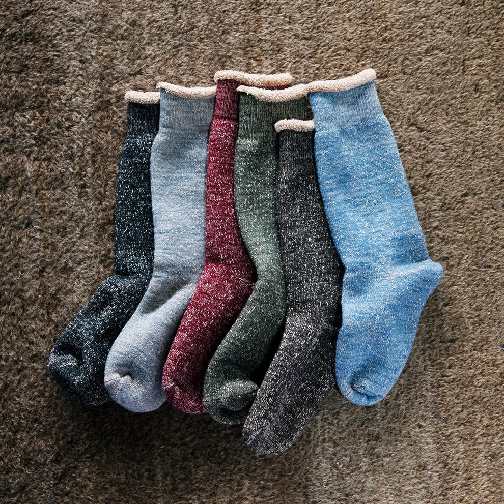 ROTOTO Double Face Wool & Cotton Crew Socks - Dark Red / Brown
