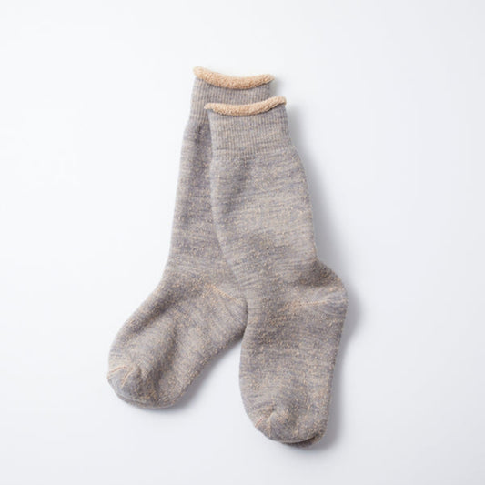 ROTOTO Double Face Wool & Cotton Crew Socks - Grey / Brown