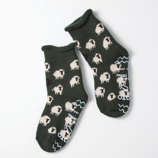 ROTOTO Merino Wool Pile Room Socks Sheep - Dark Green