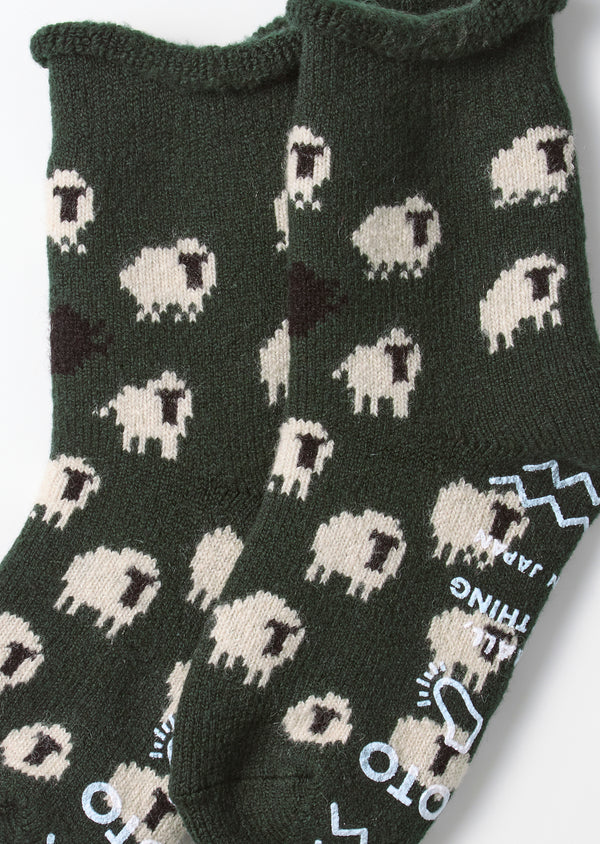 ROTOTO Merino Wool Pile Room Socks Sheep - Dark Green