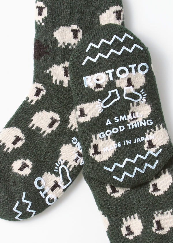 ROTOTO Merino Wool Pile Room Socks Sheep - Dark Green