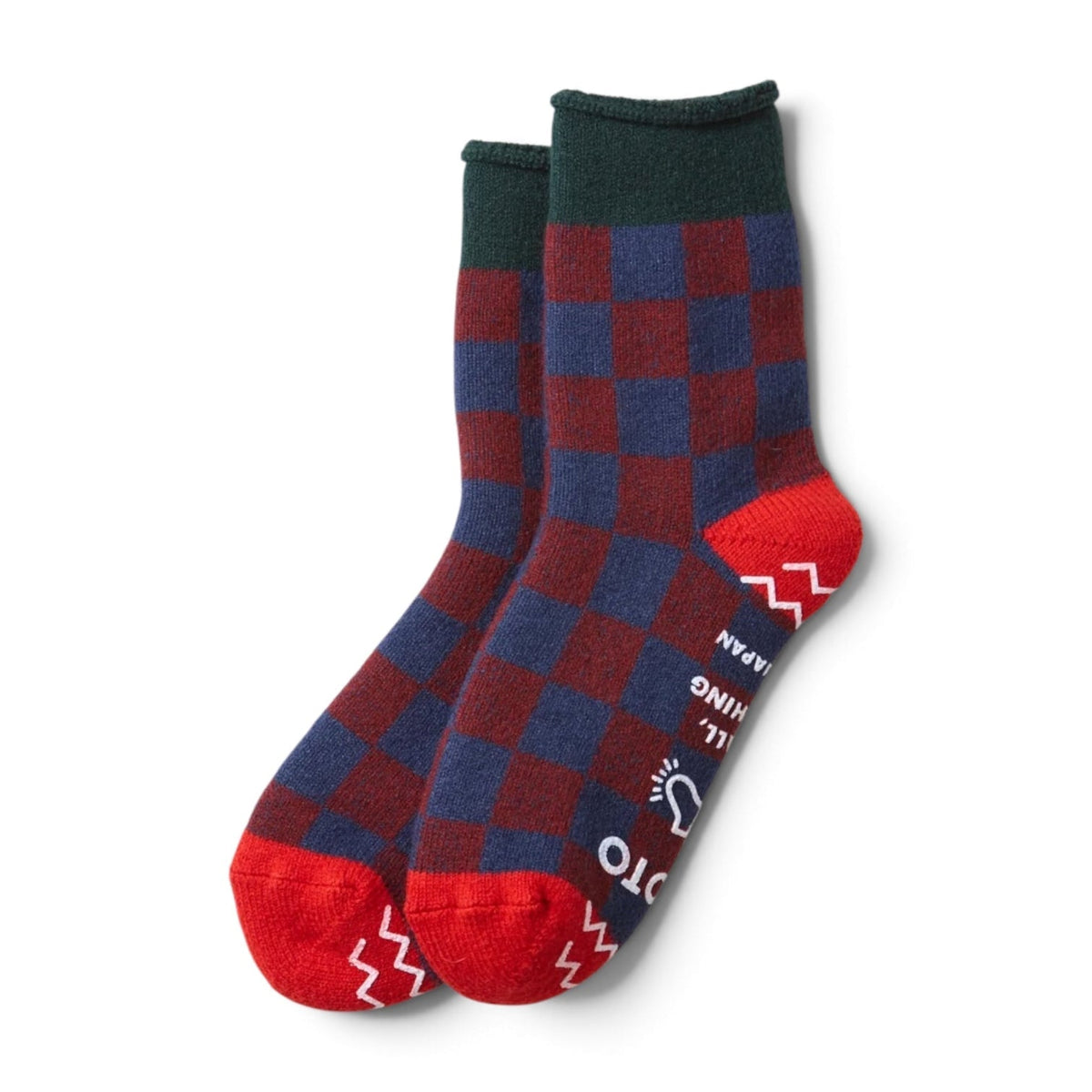 ROTOTO Wool Blend Pile Room Socks Checkerboard - Dark Green / Red