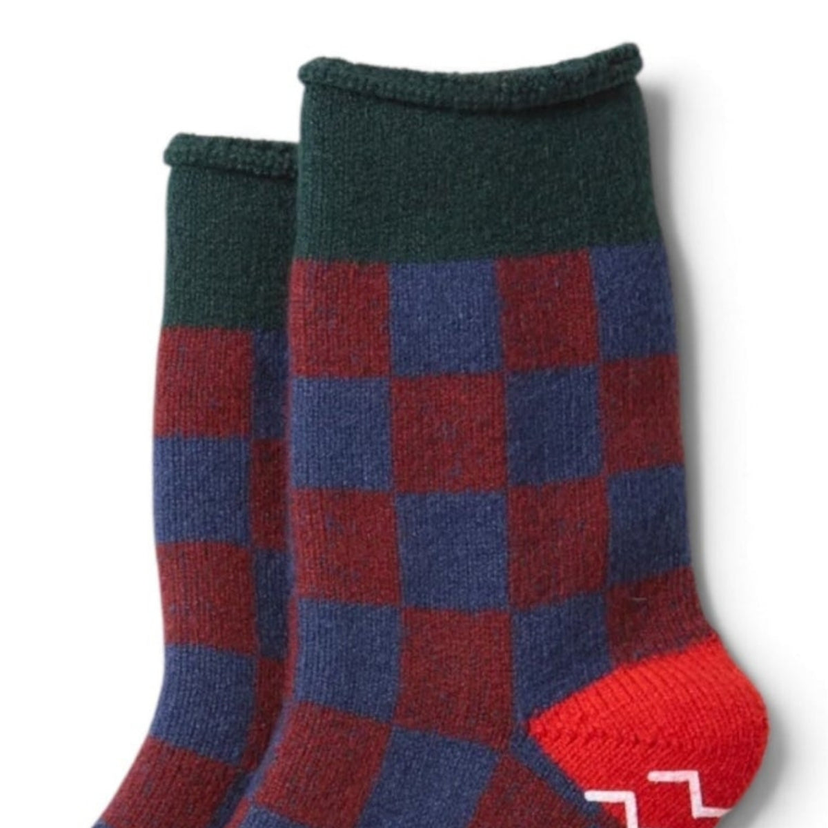 ROTOTO Wool Blend Pile Room Socks Checkerboard - Dark Green / Red