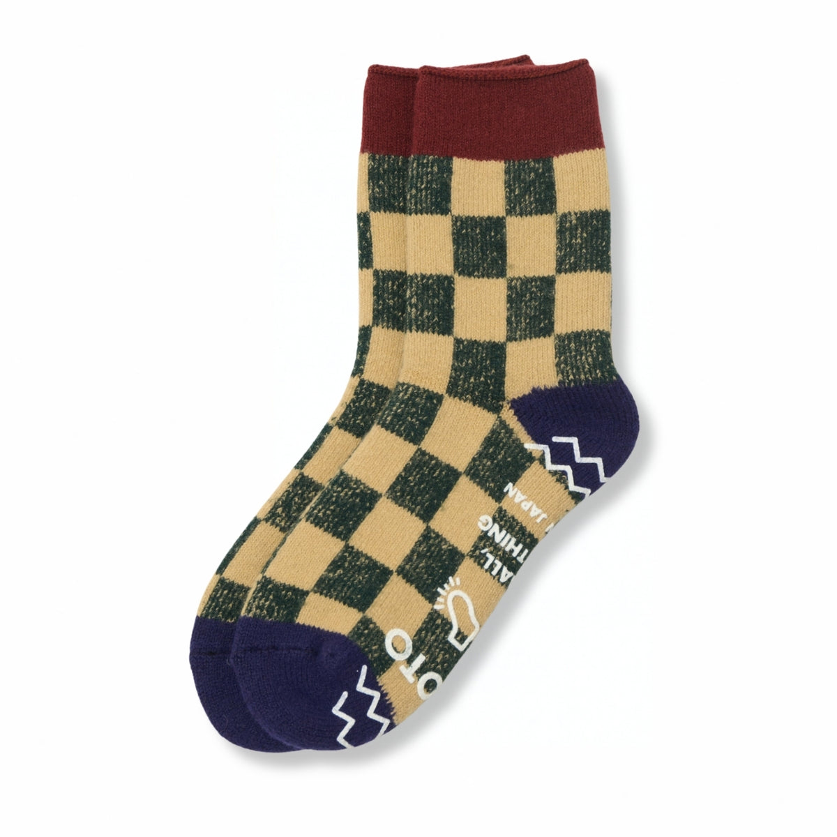 ROTOTO Wool Blend Pile Room Socks Checkerboard - Maroon / Navy Blue