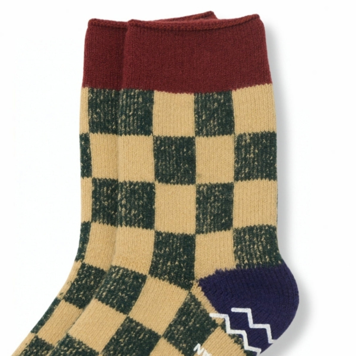 ROTOTO Wool Blend Pile Room Socks Checkerboard - Maroon / Navy Blue