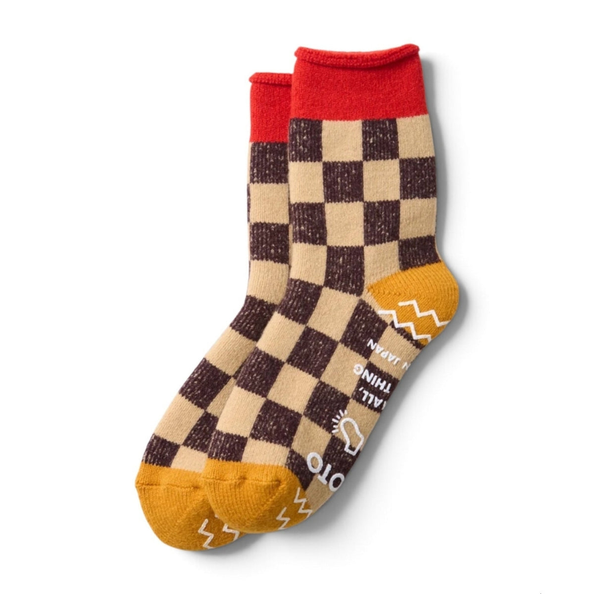 ROTOTO Wool Blend Pile Room Socks Checkerboard - Red / Yellow