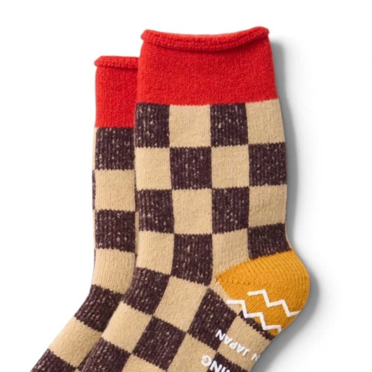ROTOTO Wool Blend Pile Room Socks Checkerboard - Red / Yellow