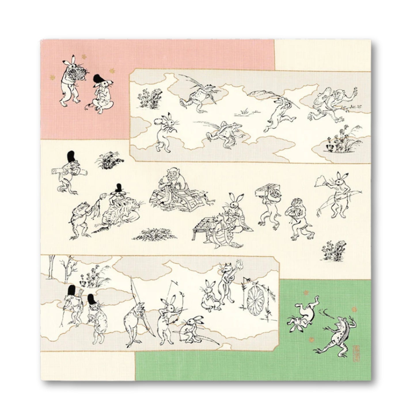 Furoshiki Organic Cotton - Scrolls of Frolicking Animals Green Pink 50cm