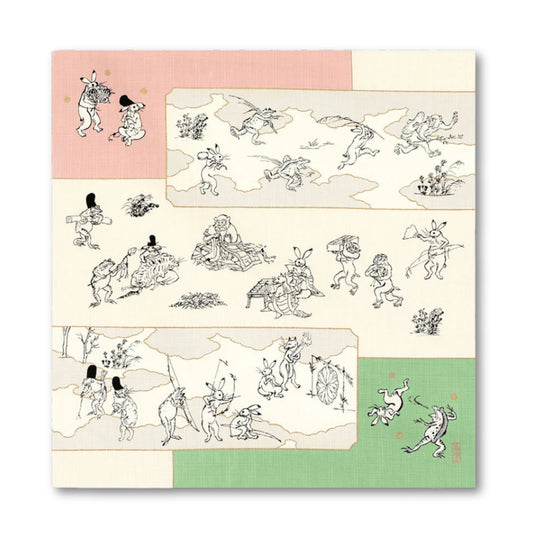 Furoshiki Organic Cotton - Scrolls of Frolicking Animals Green Pink 50cm