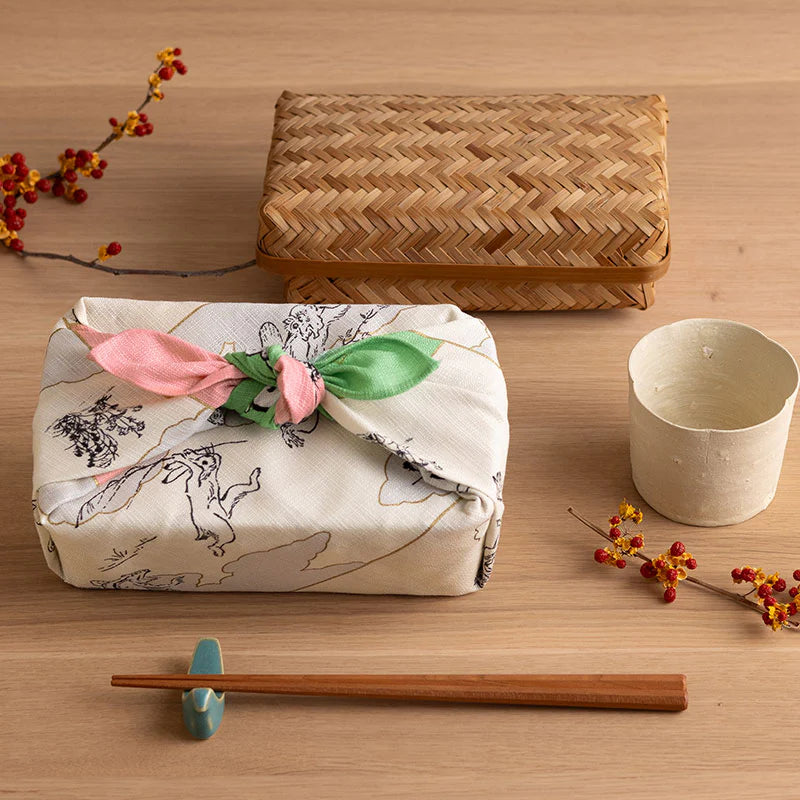 Furoshiki Organic Cotton - Scrolls of Frolicking Animals Green Pink 50cm