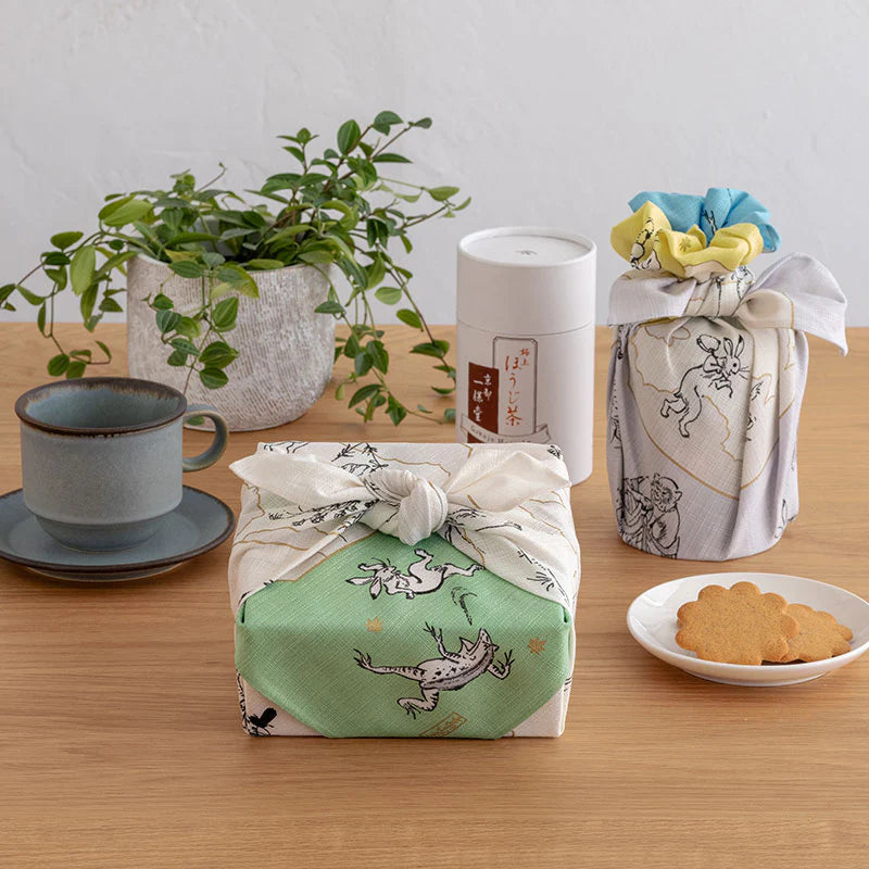 Furoshiki Organic Cotton - Scrolls of Frolicking Animals Green Pink 50cm