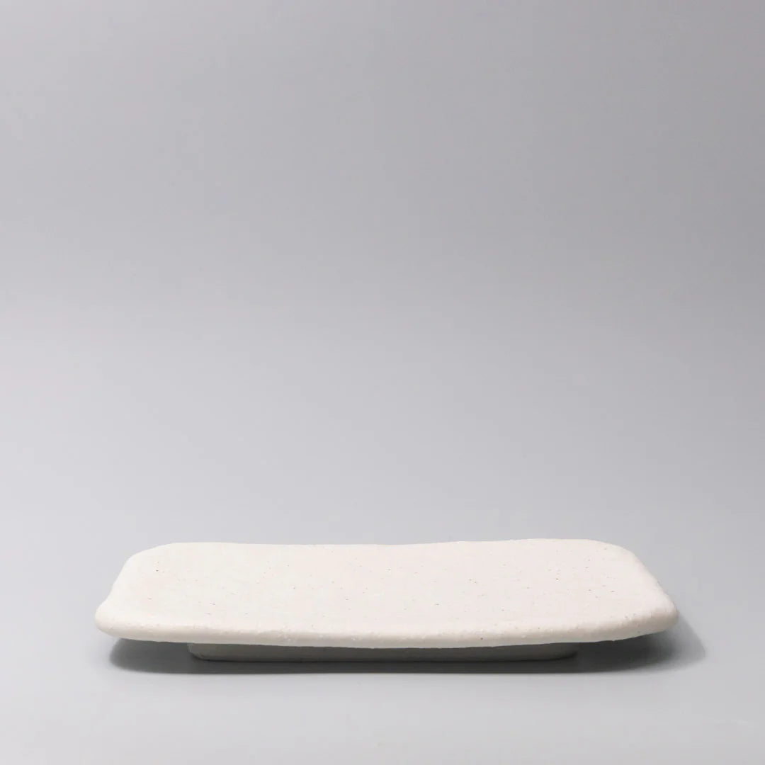 Rectangular white ceramic plate on a light gray background