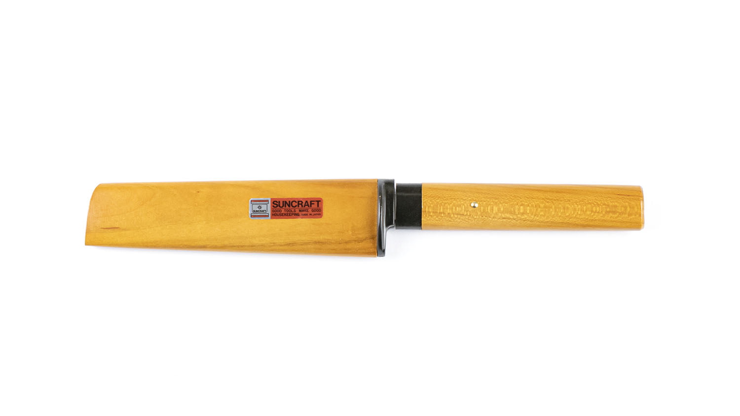 Yellow knife with a black blade on a white background