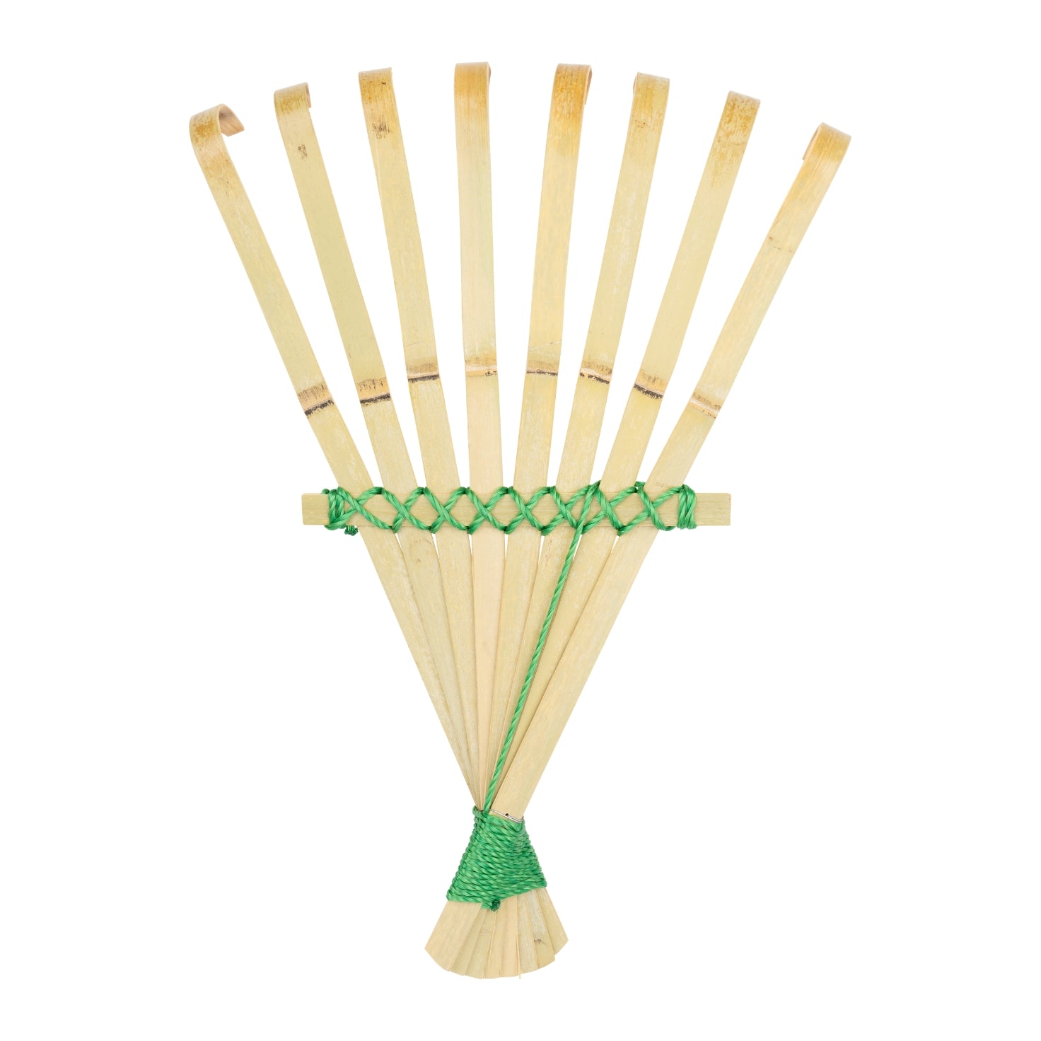 Bamboo broom with a green handle and bristles on a white background